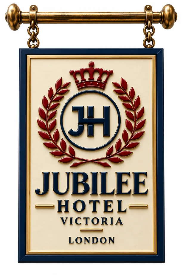 Jubilee Hotel Victoria sign in navy, burgundy and gold